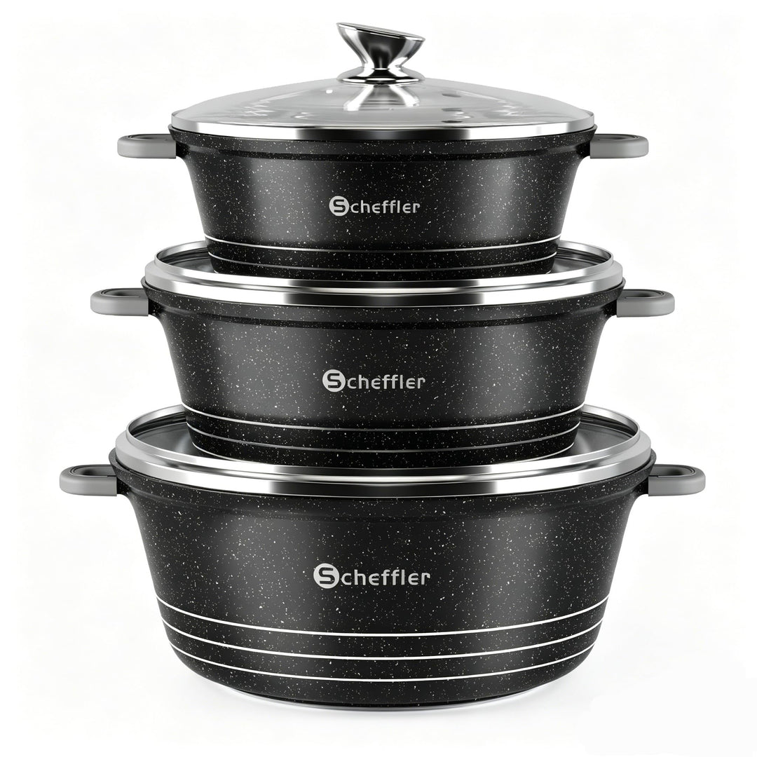 Scheffler Topfset mit Glasdeckel, 28cm,6L/32cm,10L, /36cm,14L, Kochtopf Set Induktions Töpfe Set, mi