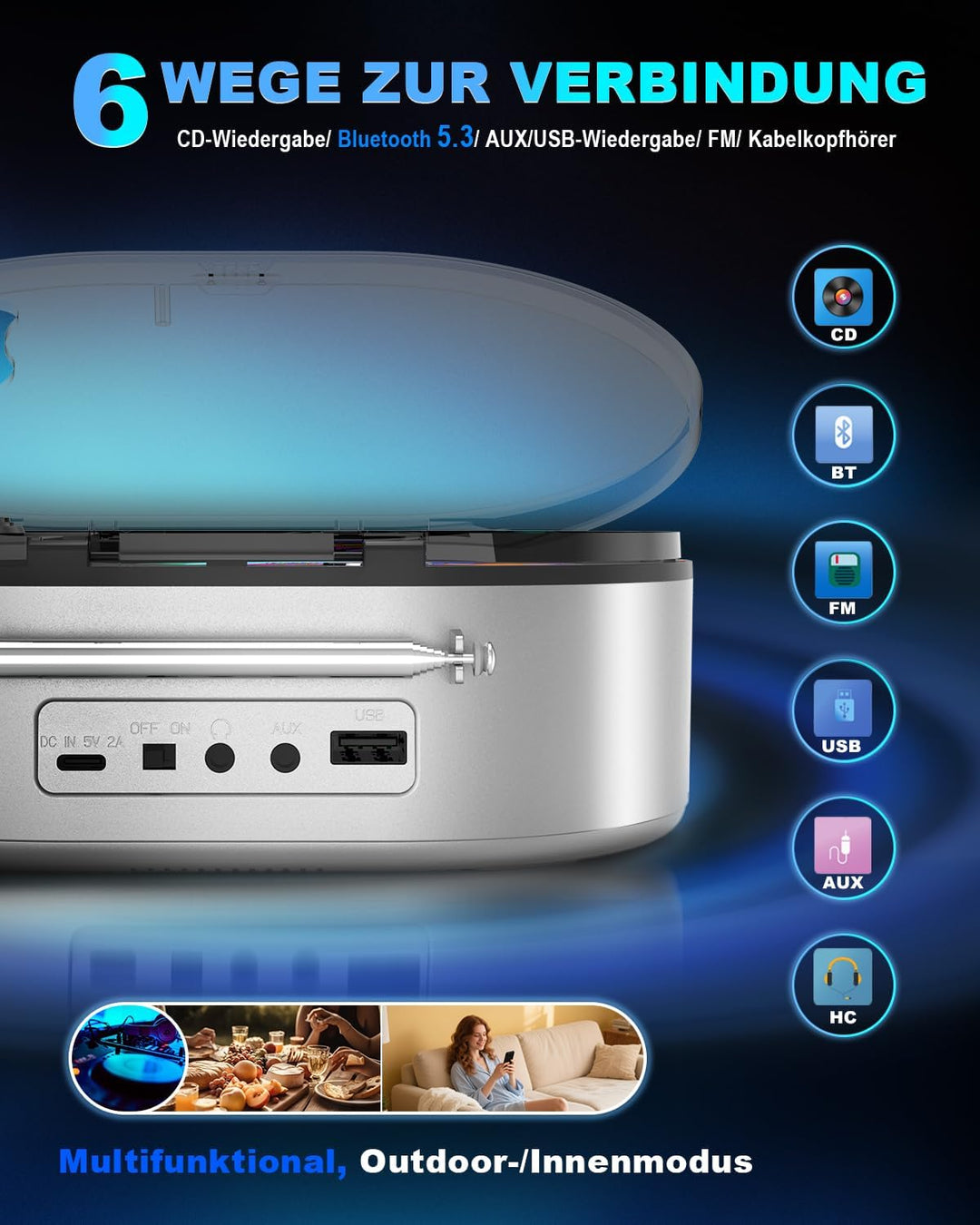 Tragbarer CD Player, CD Player Bluetooth mit Dual Stereo Lautsprecher, 4000mAh Rechargeable Desktop