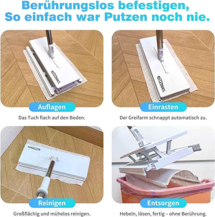 Wischmopp mit Druck-Klemm-System, Bodenwischer mit Automatischer Tuchklemme, Zero Touch Ein-Knopf-We
