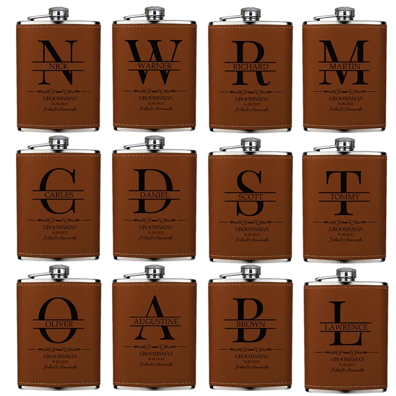 Set mit 12 Personalisierten Hipflaschen für Männer, Trauzeugen-Geschenk mit Initialen zur Hochzeit,