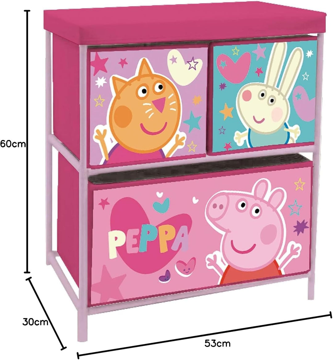 ARDITEX Kinderregal Peppa Pig mit 3 Stoffboxen für Bücher, Spielzeug, Bälle, Kleidung, Schuhe, 53 x