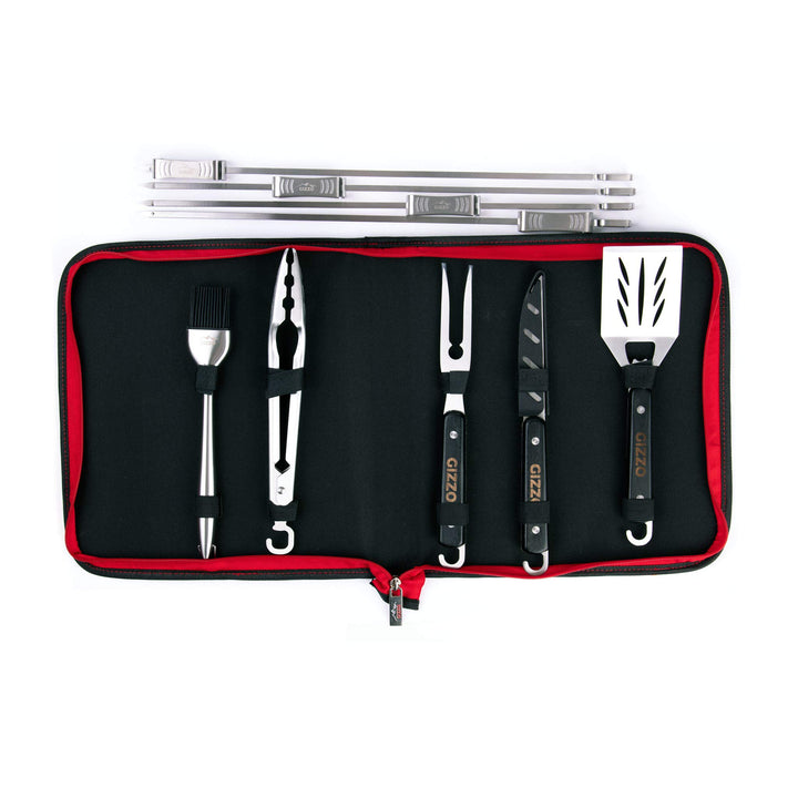 Gizzo Grill 5X Werkzeugset mit Holzgriff + 4 Schiebegrillspiesse
