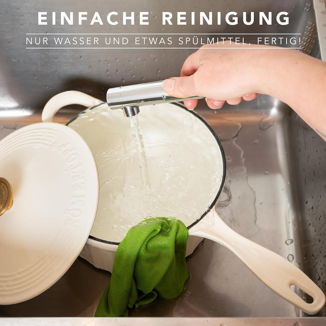 Römertopf Stielkasserolle Gusseisen 22 cm 2,3 L mit Deckel, Creme, Creme
