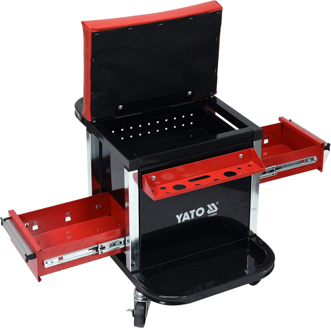 Yato Profi Werkstatthocker mit 2 Schubladen, Staufach und Ablage, 360° drehbar, 4 Rollen, stabile un