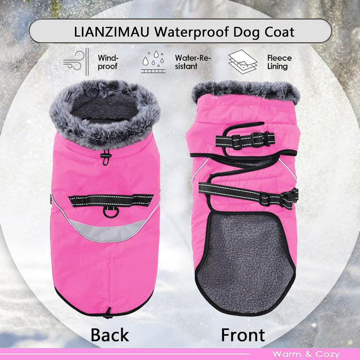 LIANZIMAU Wasserdichter Hundemantel mit Geschirr Wintermantel Hundepullover Fleece Reflektierende Hu