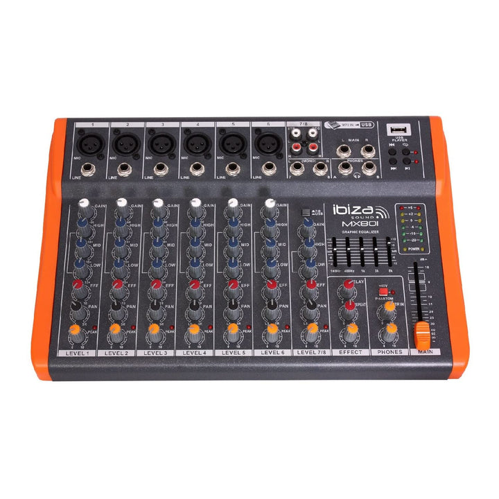 Ibiza - MX801 - Komplettes semiprofessionelles 6-Kanal-Mischpult (5-Band-Equalizer) mit MONO-, Mikro