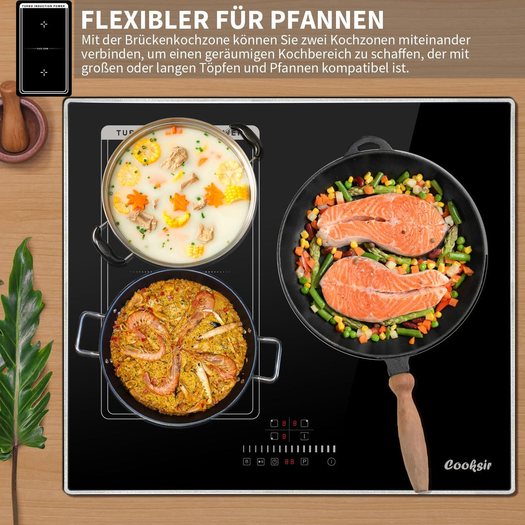 Cooksir Induktionskochfeld mit Rahmen, 60cm Einbau Kochfeld 3 Platten, 6800W, Flex Zone für Grill, K