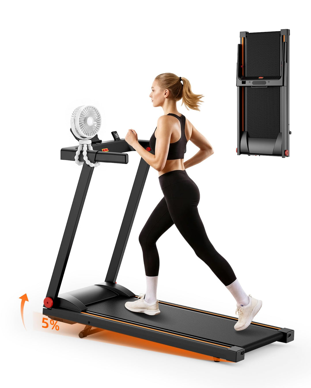 Superun Laufband Klappbar mit APP, Max 12km/h Walking Pad mit Steigung 6% 100cm SchwarzOrange, 100cm