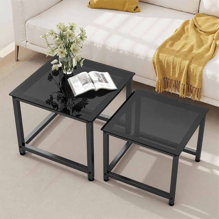 Hawthyhome 2 Stücke quadratisch Set, Couchtisch aus Glas mit Metallrahmen,Moderne Kaffeetische Satzt