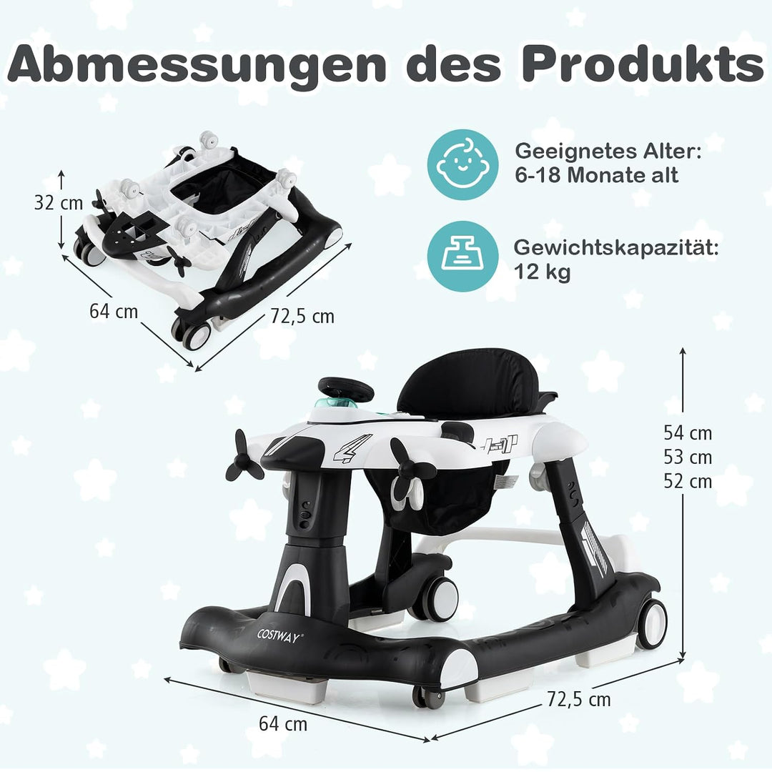 COSTWAY 6 in 1 Lauflernhilfe klappbar in Flugzeugform, Gehfrei Baby, Weiss