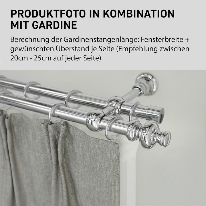 Garesa Gardinenstange Andrea Ø 20mm, 2-läufig, Chrom I Stabile Vorhangstange inkl. Ringe + Faltenleg