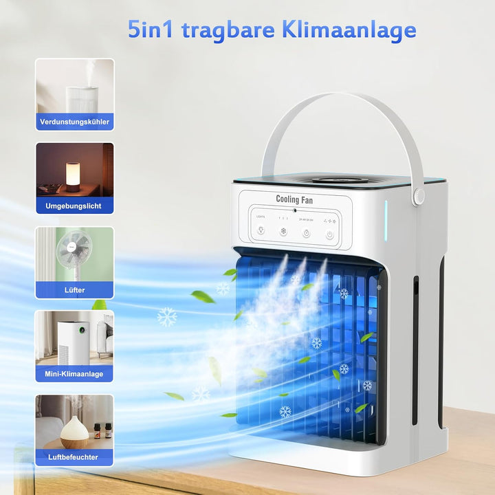 Mobile Klimaanlage,Mini Luftkühler mit Wasserkühlung und 1100ML Wassertank, 3 Luftgeschwindigkeiten