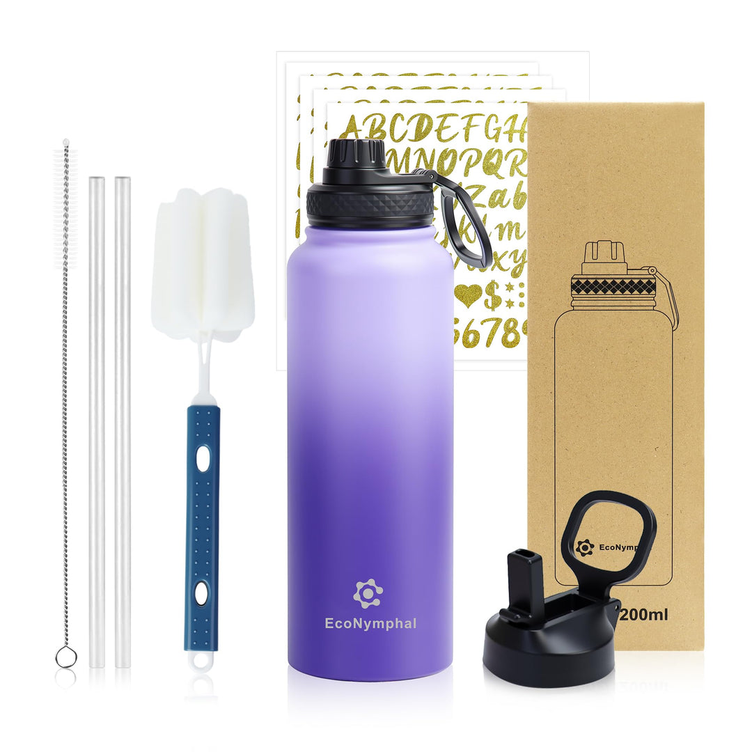Edelstahl trinkflasche 1.2L - Isolierflasche mit Strohhalm &amp; 2 Deckeln - 100% Auslaufsicher - Reinig