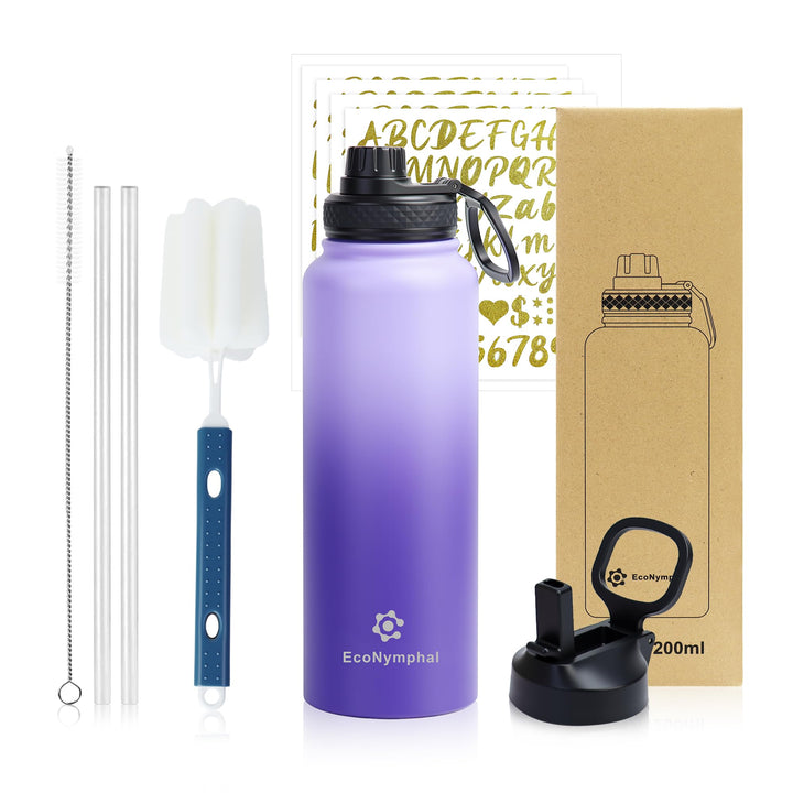 Edelstahl trinkflasche 1.2L - Isolierflasche mit Strohhalm &amp; 2 Deckeln - 100% Auslaufsicher - Reinig