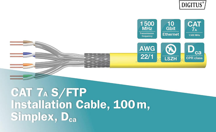 DIGITUS Netzwerkkabel Cat 7A – 100 m – S/FTP Simplex – BauPVO Dca Dca 100 m (Simplex), Dca 100 m (Si