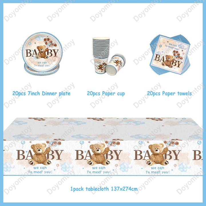 Doyomtoy Plüschbär Partygeschirr, 61 Stück Bärchen Geburtstag Deko Baby Geburtstag Bärs Tassen Servi