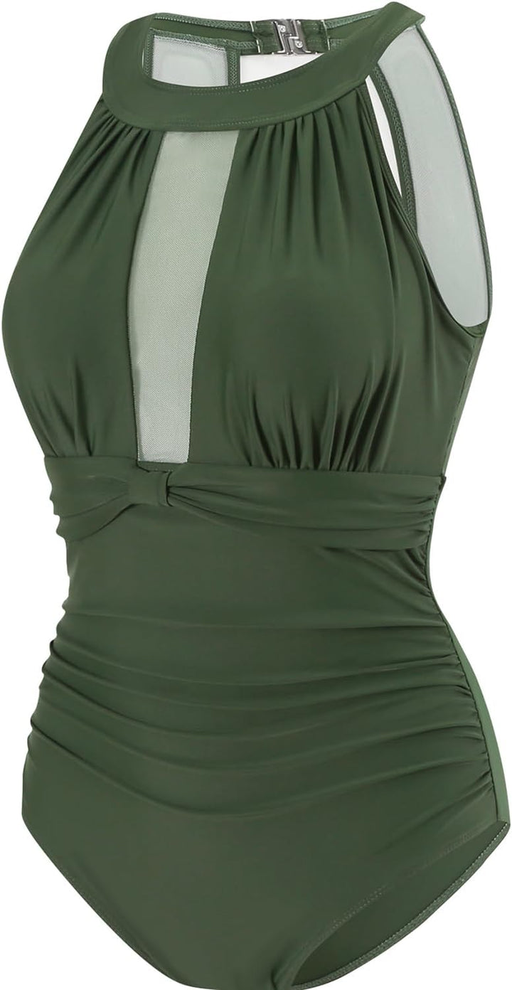 Damen Schlankheits Badeanzug Raffung Einteiler High Neck Bademode Strandmode M Grün, M Gr&amp;
