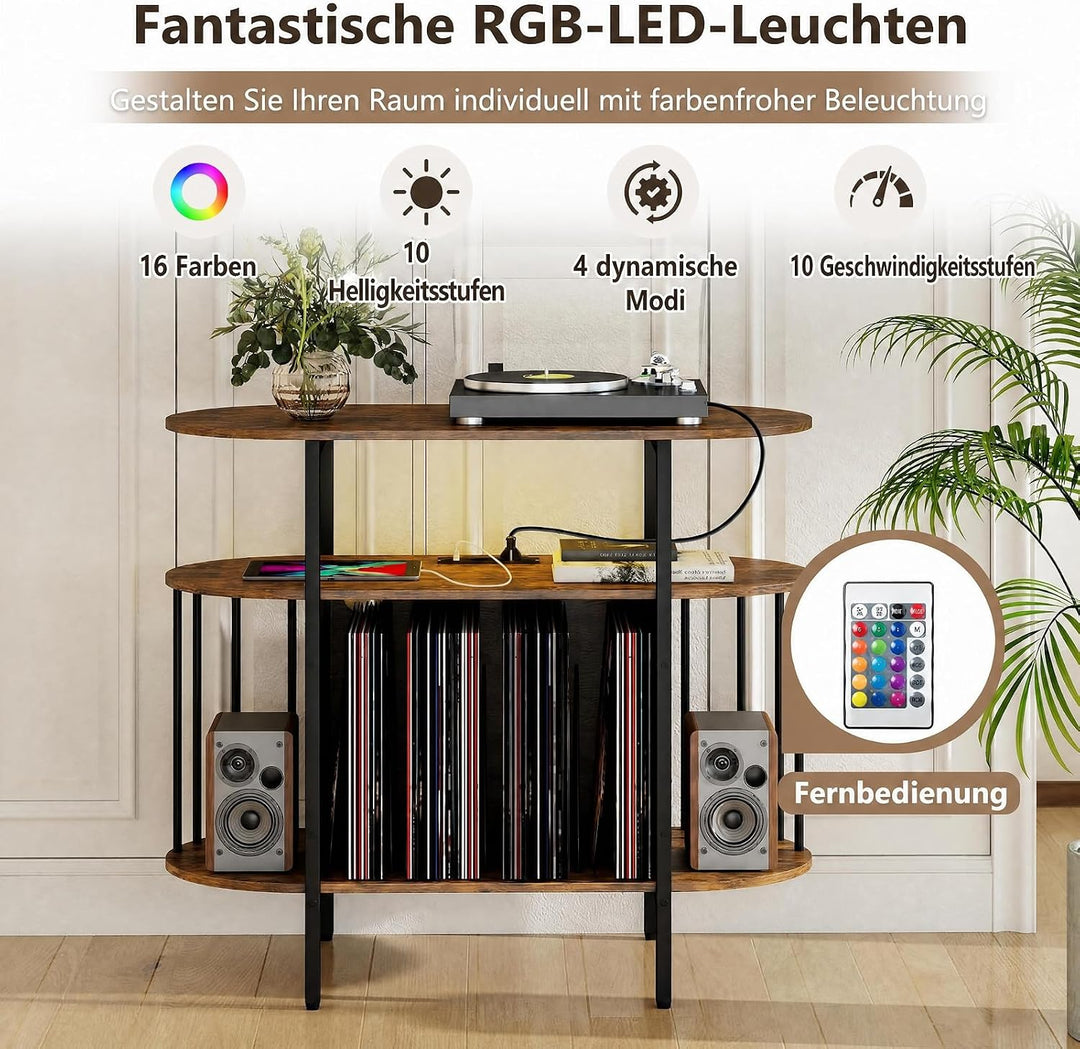 COSTWAY Plattenspieler-Ständer mit verstellbare LED Licht &amp; Ladestation Braun, Braun