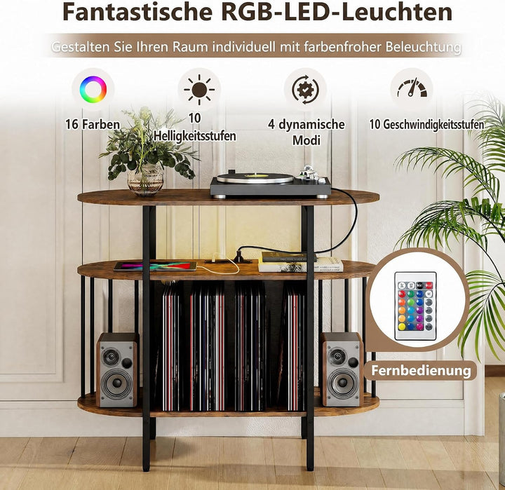 COSTWAY Plattenspieler-Ständer mit verstellbare LED Licht &amp; Ladestation Braun, Braun