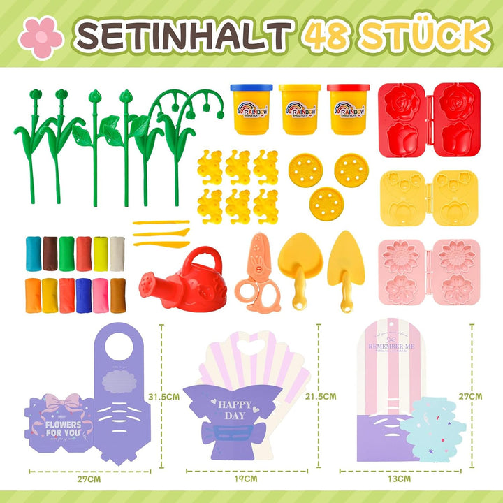 VBACALA Knete Set Kinder Blumenstrauss DIY, Bastelset Kinder zum Selbermachen von Blumen, 48PCS mit