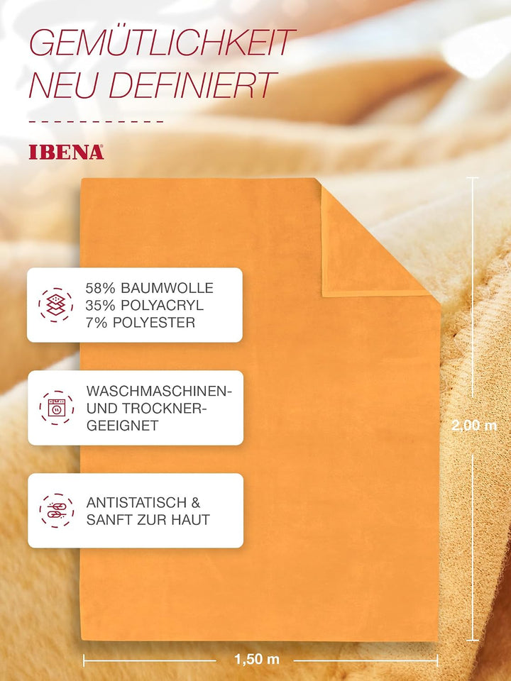 Ibena Porto Decke 150x200 cm – Baumwollmix weich, warm &amp; waschbar, Kuscheldecke gelb Gold einfarbig