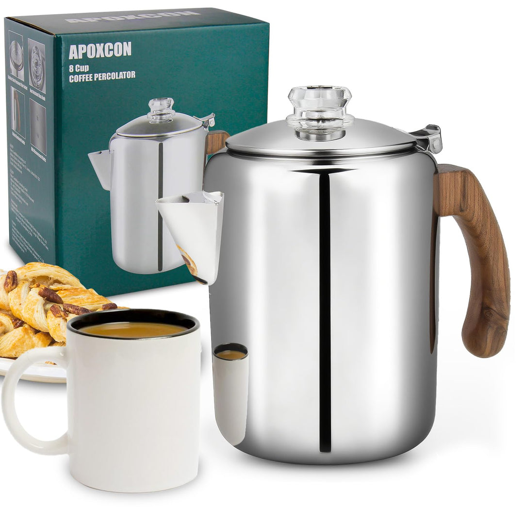 APOXCON Kaffee-Perkolatorkanne aus Edelstahl mit robustem Glasknopf und behandeltem Massivholzgriff
