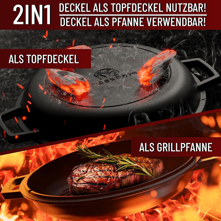 Dutch Oven–2in1 Eingebrannter Gusseisen Topf 4,8 L &amp; Gusspfanne 1,8 L–Dutch Oven Set mit Schmortopf