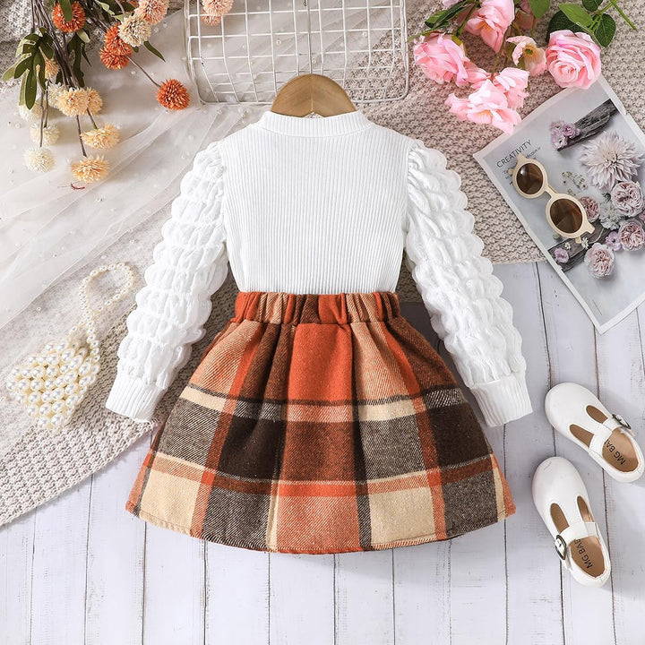 Kleinkind Mädchen Kleidung Puffärmel Langarm Gerippte Oberteile + Bowknot Plaid Mini Rock 2 Stück He