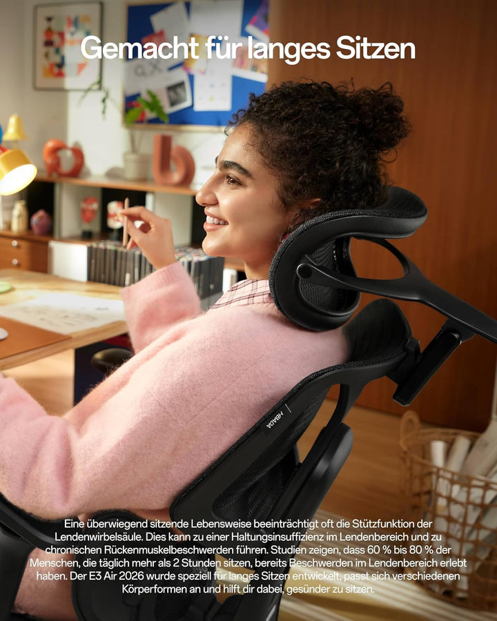 Hbada E3 Air 2026 Edition Ergonomischer Bürostuhl, 3-Zonen-Lordosenstütze, Comfy Home Office Chair m