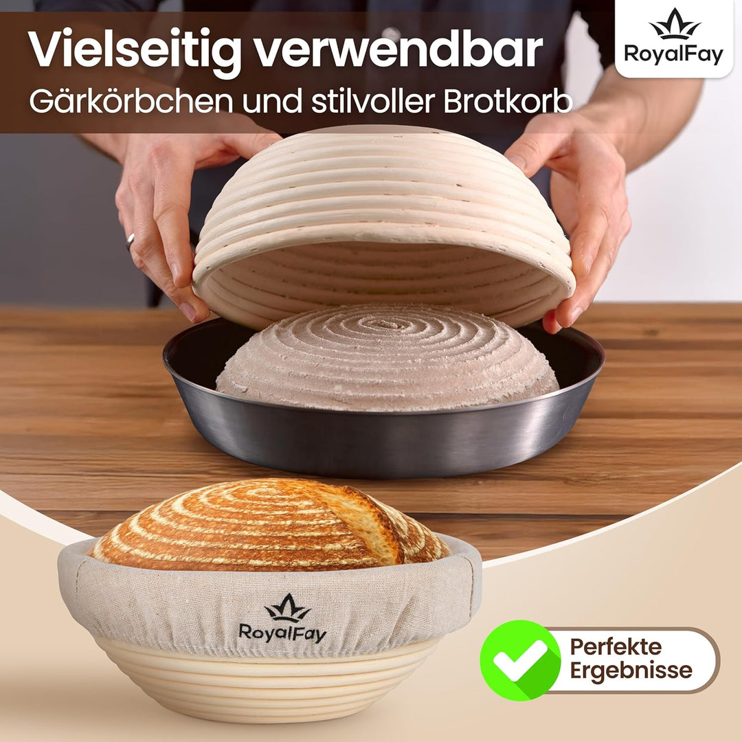Gärkörbchen rund 23 cm – Brotform aus natürlichem Rattan für Sauerteig und Brotteig – inklusive Lein