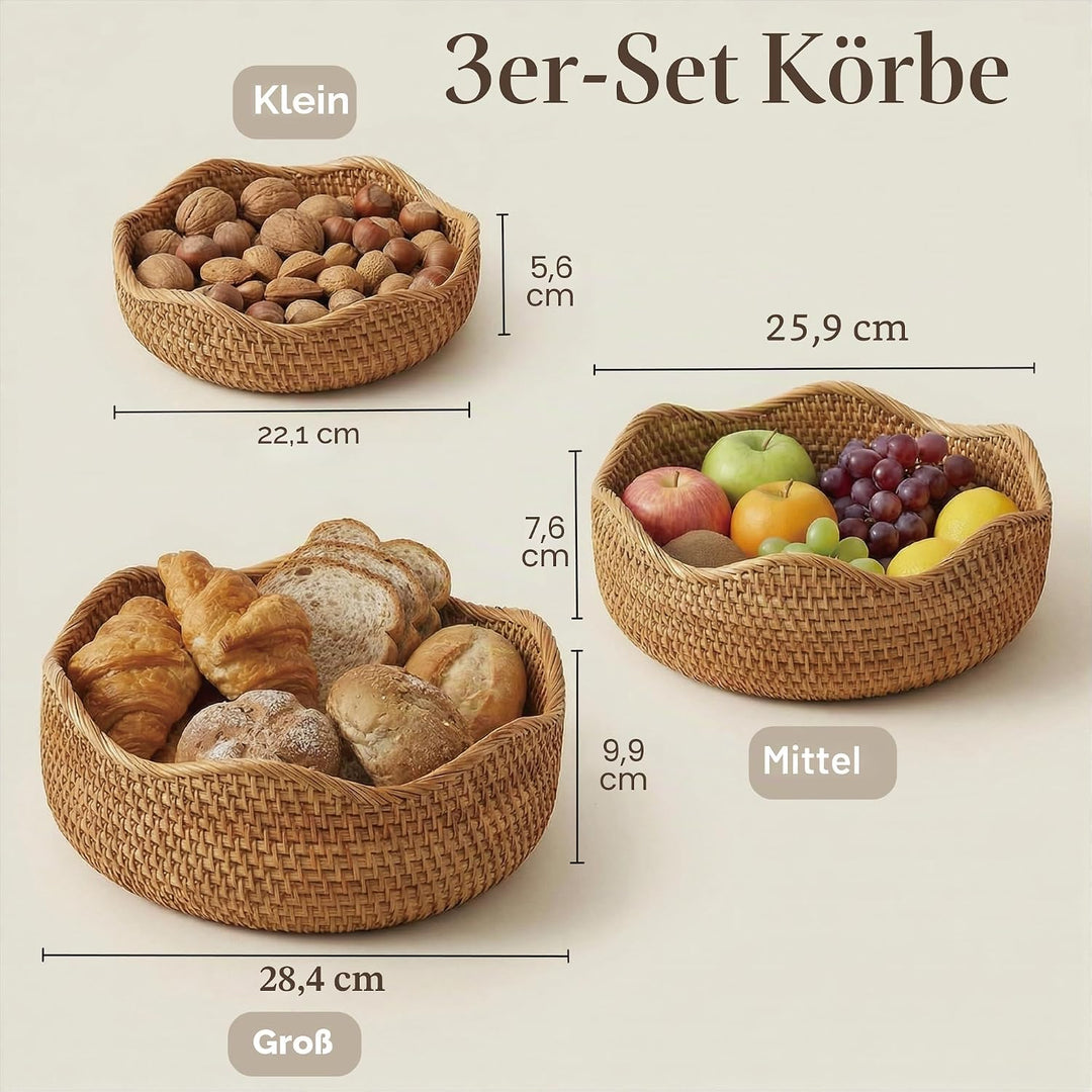 Rattan Aufbewahrungskörbe rund, handgeflochtene Körbchen aus natürlichem Rattan, Obstkorb und Dekoko