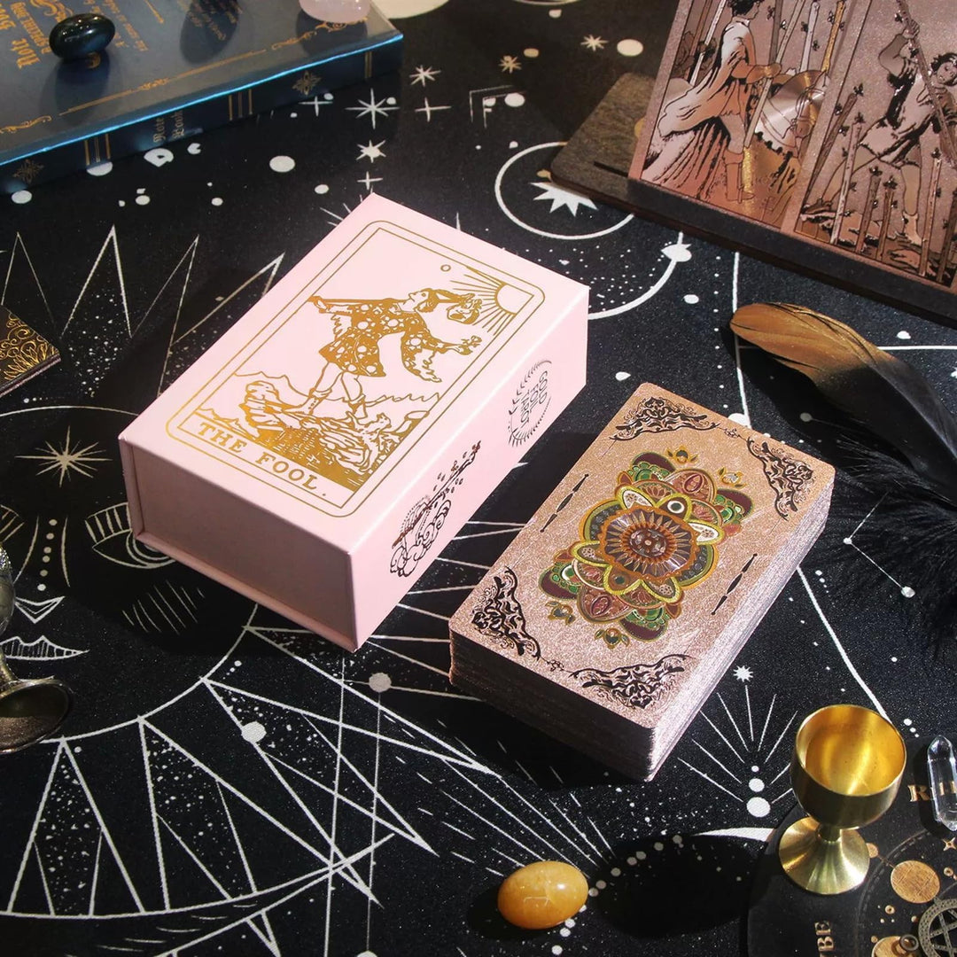 GIBZ Original Design Tarot Karten, 78 Stück Rose Gold Folie Tarot Deck Set, mit Guide Buch und Box f