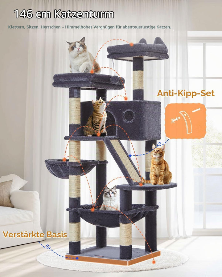 Taoqimiao 146CM Kratzbaum Gross, Katzenbaum Katzen Kratzbaum Grosse Katzen Stabil mit 2 Katzenhaus,