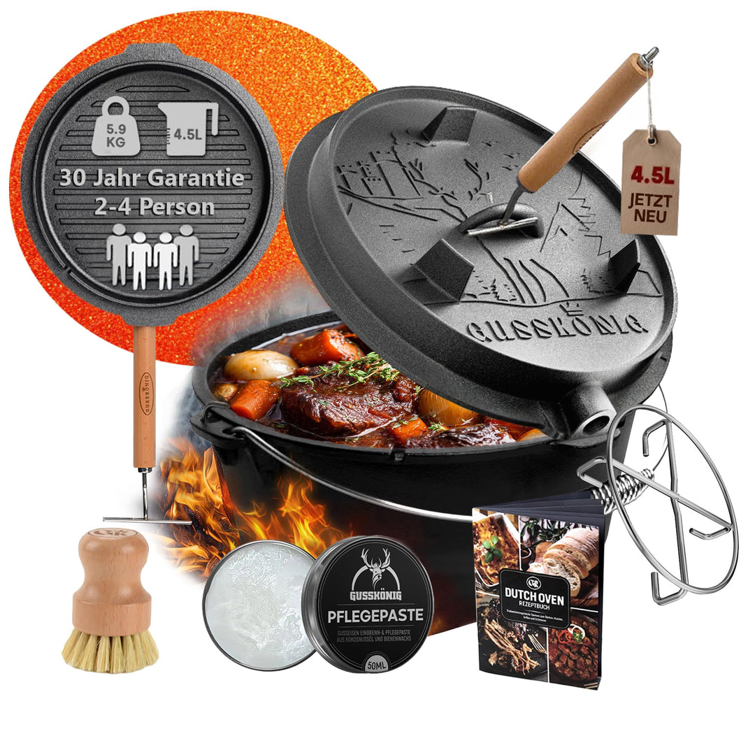 GUSSKÖNIG Dutch Oven Set - Eingebrannter Dutch Oven 4,5L - Feuertopf Gusseisen ohne Füssen - Schmort