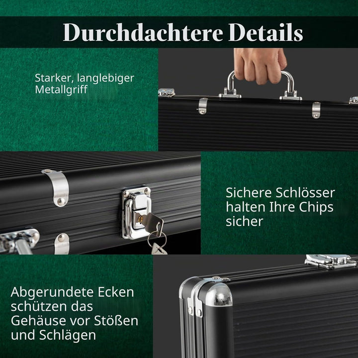 HOMASIS Pokerset mit 500 Chips, Poker Koffer mit 2 Kartendecks, 5 Würfel, Kasino-Matte, 3 Dealer But