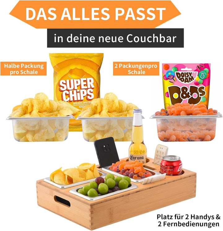 Couchbar Snackbox, Snackspender mit 3X Snackschale, Bambus Sofatablett für Sofa, Deko, Couch Bar mit