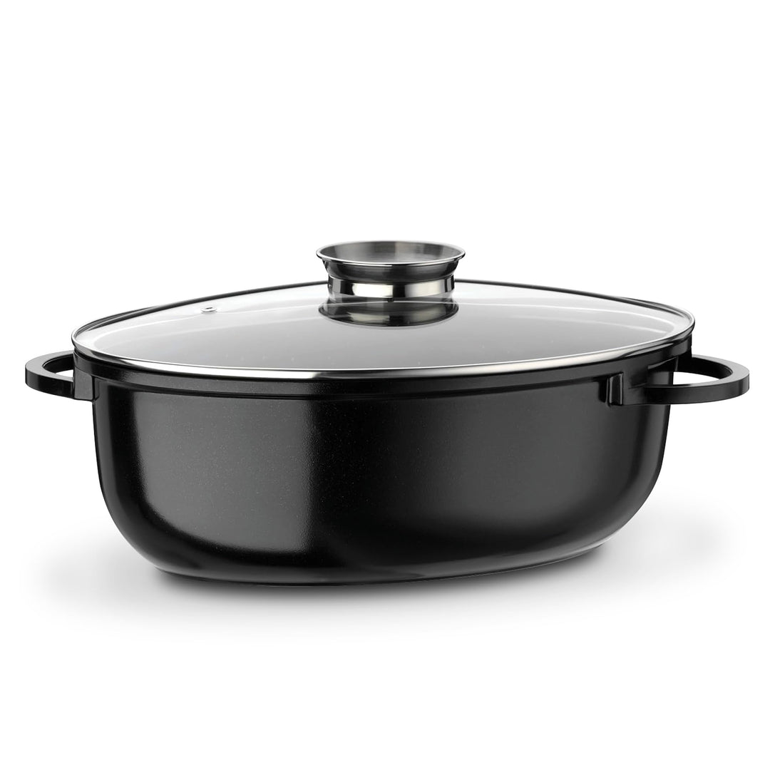 GSW 410588 Gourmet Ceramica Induktion Bräter XXL oval mit Aroma-Glasdeckel 10 L, Aluguss, schwarz ge