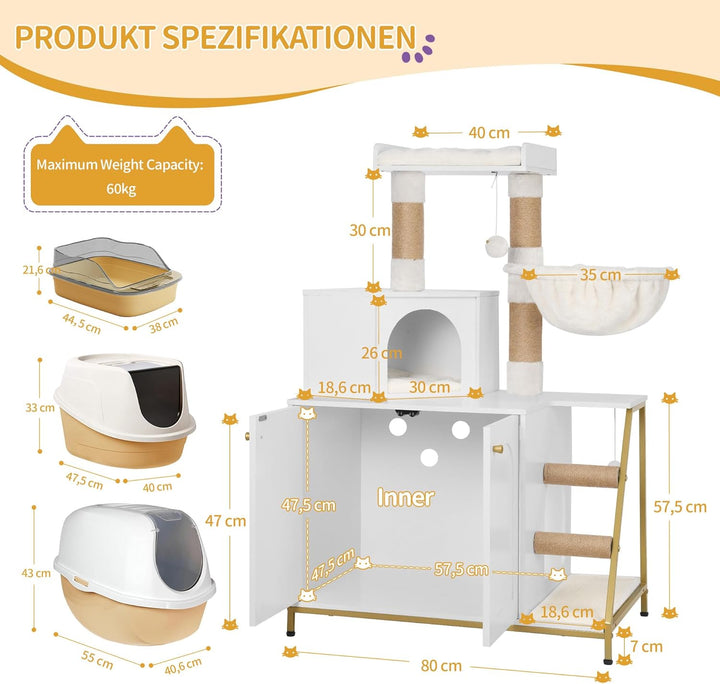 Hzuaneri Kratzbaum mit Katzenklo-Schrank, Katzenschrank, 4-in-1 Modernes Katzenhaus mit Grosser Plat