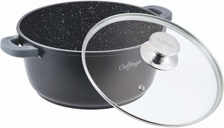 Cheffinger Kochtopf Aluguss Glasdeckel Induktion Marmorbeschichtung Suppentopf Pfanne Ø36 cm