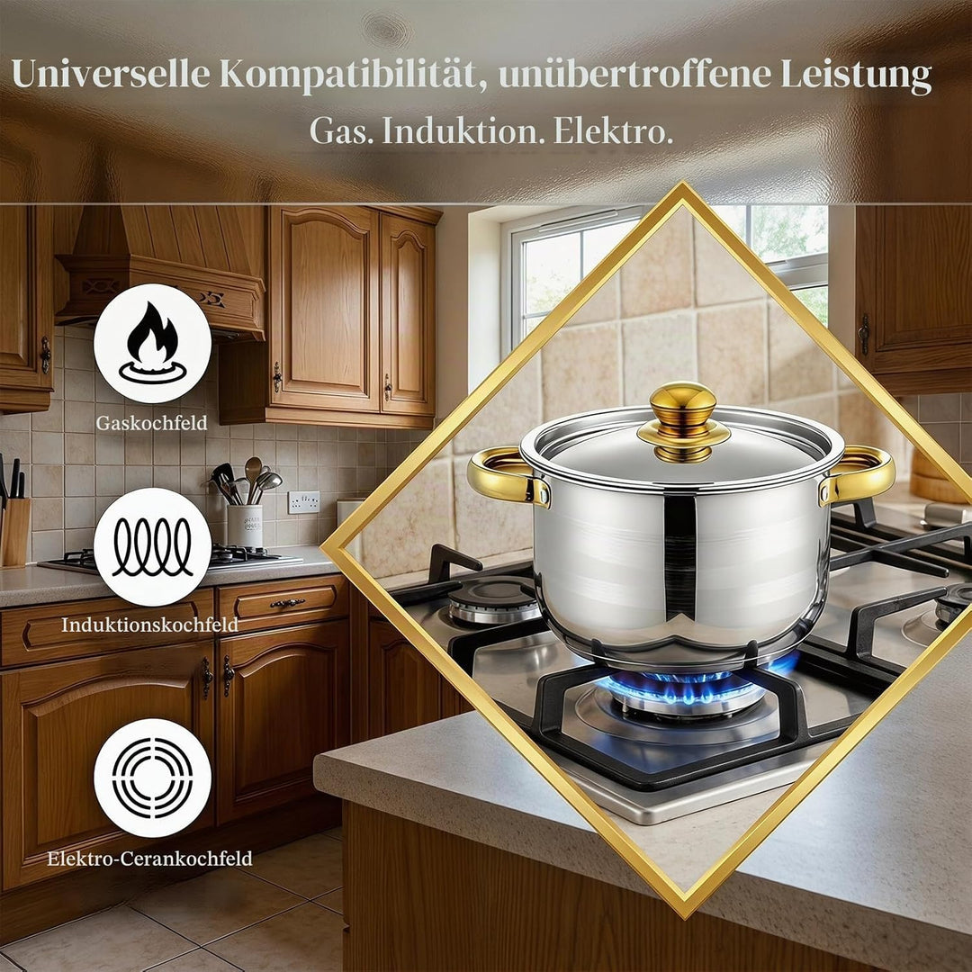 Topfset Induktion 5-teilig,Kochtopf Set mit Glasdeckel Stay-Cool-Griffe Messmarkierungen Ausgiessran