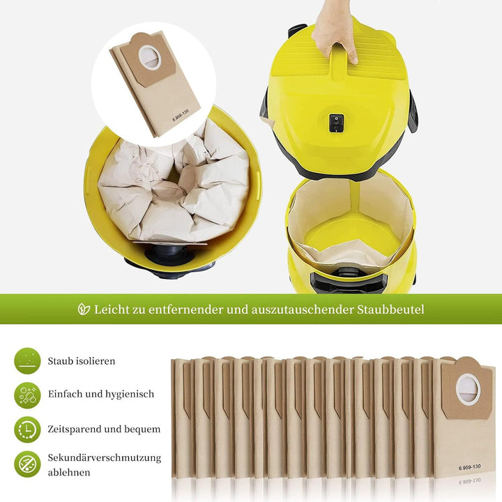 15 Stück Papierfilterbeutel für Kärcher 6.959-130.0, WD3 Staubsaugerbeutel