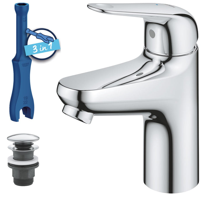 GROHE Swift - Waschtischarmatur (wassersparend, ~16cm hoch, Mittelstellung kalt, inkl. Montagewerkze