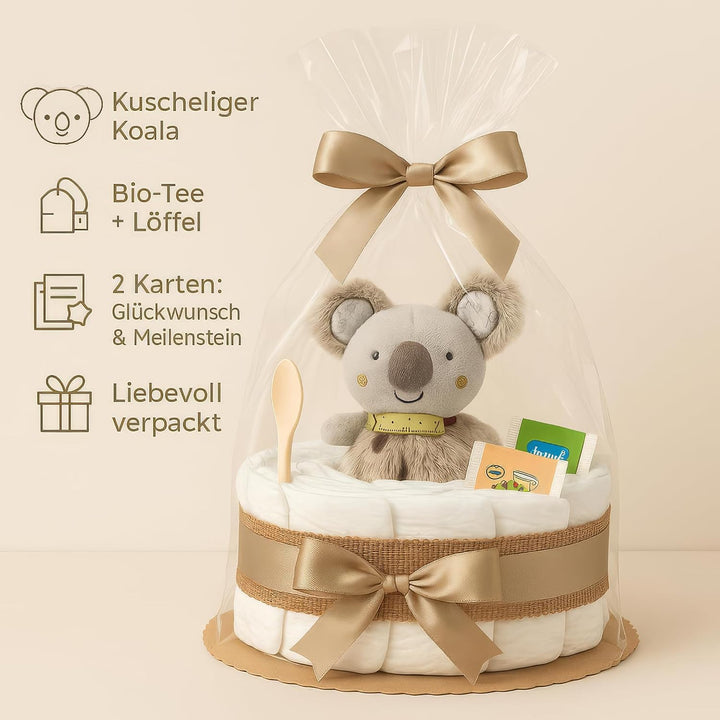 Windeltorte Mädchen &amp; Junge mit Koala Greifling, Boho Vintage Handmade Beige - Boho Koala, Beige - B