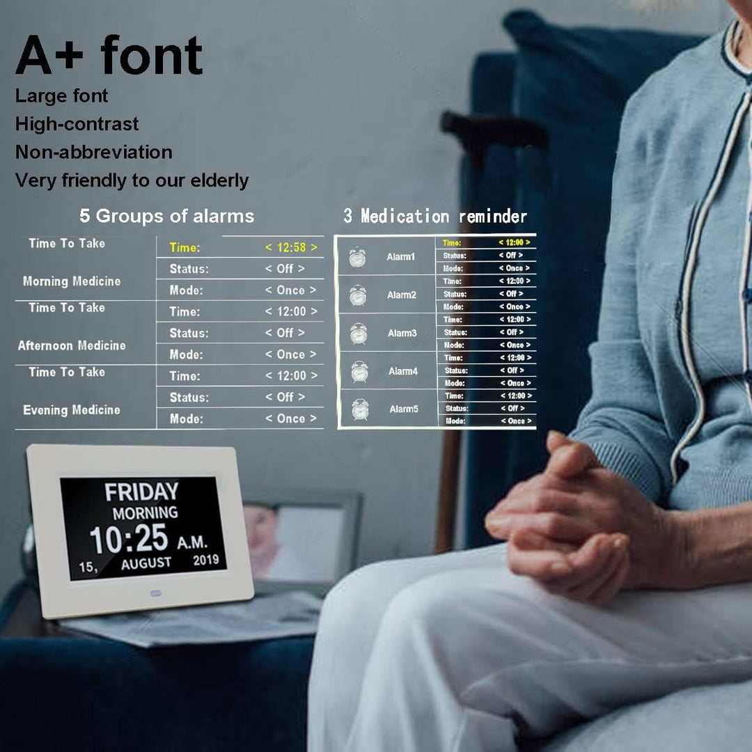 AINFTIME Uhr mit Tag und Datum für ältere Menschen, 3 Farben, digitaler Kalender, Wecker, Demenz, Al