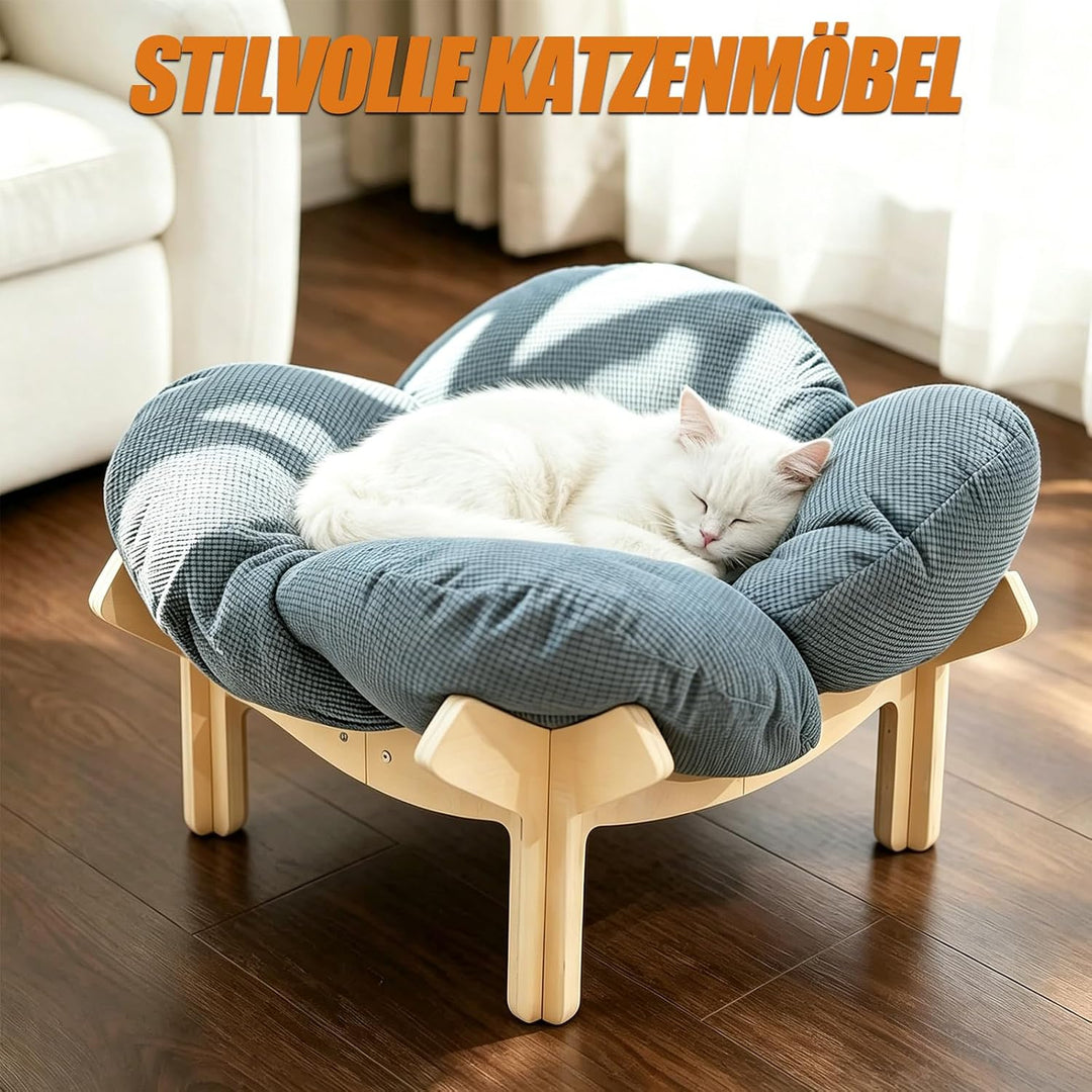Erhöhtes Katzenbett aus Holz, Flauschiges Katzensofa in Blumenform, Katzenkissen mit waschbarem &amp; Ho