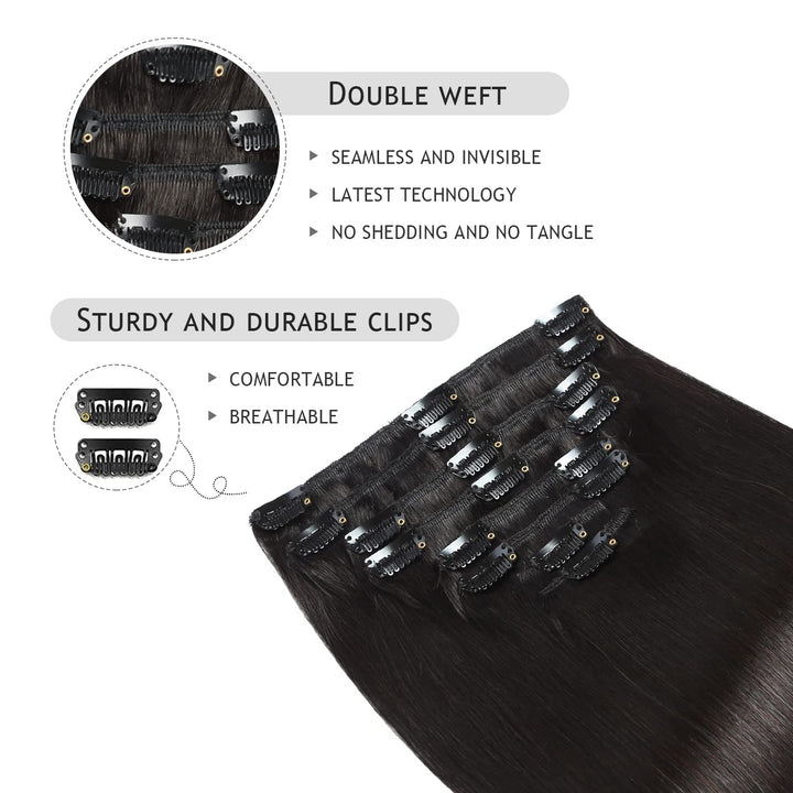 YILITE Clip in Extensions Echthaar 45cm 100% Echthaar Extensions Clip 18 Zoll 8 Stück 120g Unsichtba