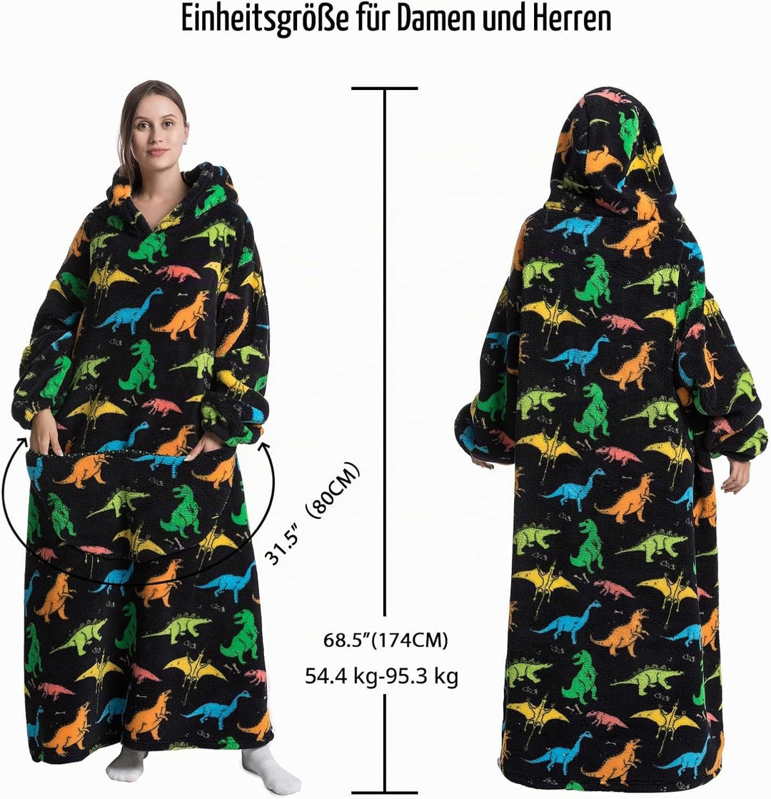 Hoodie Decke Extra Lang mit Kapuze und Tasche für Damen Herren Dinosaurier, Dinosaurier
