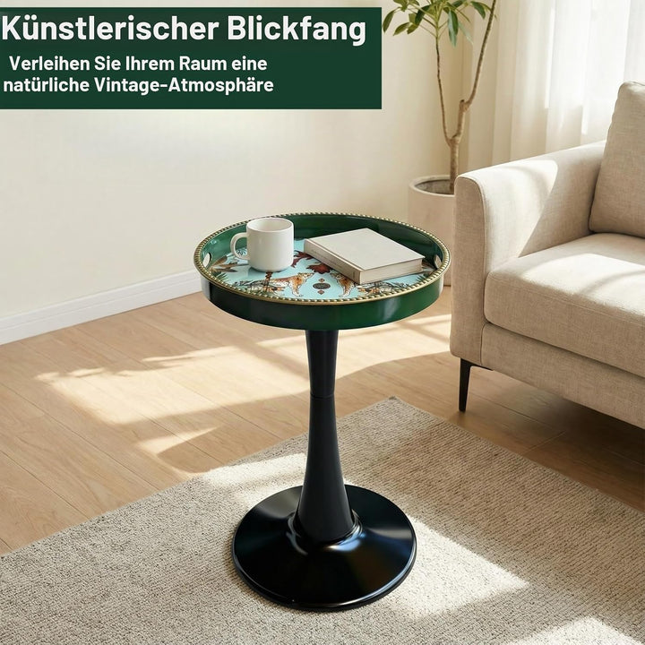 Eleganter runder Beistelltisch – 33 cm künstlerisch gemusterter Getränketisch mit glänzender Tablett