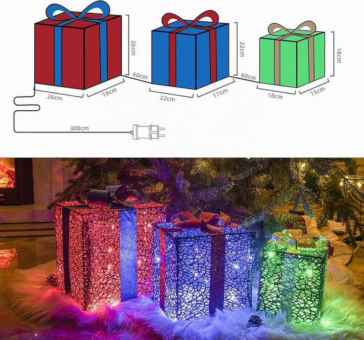 DELICHTER LED Weihnachtsdeko, 3× Rot/Grün/Blau Geschenkbox mit Schleifen Weihnachtsbeleuchtung für I