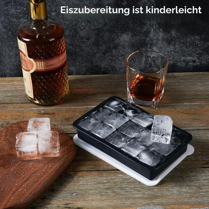 2.0L Eiswürfelbehälter mit Deckel, Eisbehälter Edelstahl mit Clips und Sieb, Eiswürfelform Silikon,